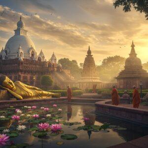A serene panoramic view of Kushinagar at golden hour, featuring the majestic Mahaparinirvana Temple with its distinctive white dome and spires in the background. In the foreground, a reclining Buddha statue in gold and bronze, lying peacefully on his right side with a serene expression. The scene is adorned with blooming lotus flowers in soft pink and white floating in a reflective pool. Ancient stone stupas with intricate Madhubani-style carvings emerge from morning mist. Ethereal rays of light filter through wispy clouds, creating a mystical atmosphere. Buddhist prayer flags in muted colors gently wave in the breeze. The landscape features carefully manicured gardens with bodhi trees, their leaves catching the golden light. Several monks in saffron robes are shown walking mindfully through the scene. The art style combines photorealistic architecture with ethereal lighting and traditional Indian artistic elements, creating a dreamy, spiritual atmosphere. Deep maroons, golds, and peaceful blues dominate the color palette, with soft glowing highlights throughout the scene.