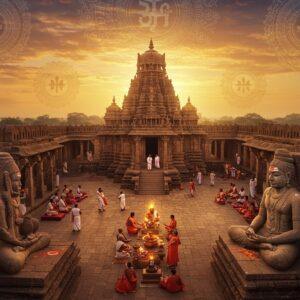 A majestic aerial view of Basavakalyan fort during golden sunset, with intricate Madhubani-style patterns overlaying the scene. The ancient stone architecture features detailed carvings of Vachana teachings and Lingayat symbols. In the foreground, a serene stone statue of Basavanna in meditation pose, adorned with vibhuti marks, radiates a subtle spiritual glow. Traditional Kannada-style mandalas float ethereally in the sky, incorporating motifs of Istalinga and spiritual symbols. The scene includes devotees in traditional Karnataka attire performing Lingayat rituals near the historic Basavakalyan temples. The color palette combines deep maroons, saffron, and peacock blue with modern gradient effects. Mystical light beams filter through ancient archways, while stylized representations of sacred texts and philosophical teachings flow like ribbons through the air. The composition merges photorealistic architecture with surreal spiritual elements, creating a dreamlike atmosphere that captures both historical grandeur and spiritual significance. The art style combines traditional Indian art with modern digital techniques, emphasizing both heritage and contemporary appeal.