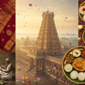 A majestic aerial view of Kanchipuram's Ekambareswarar Temple's golden gopuram emerging through morning mist, surrounded by intricate Madhubani-style border patterns. In the foreground, an elegant Indian woman in a rich burgundy Kanchipuram silk saree with traditional gold zari work drapes gracefully around her. The saree features detailed peacock motifs and temple borders. To her left, artisans weave on traditional looms with golden threads catching sunlight. To her right, a traditional brass plate displays authentic South Indian delicacies - crispy dosas, idlis, and temple prasadam on banana leaves. The scene is bathed in warm, ethereal morning light with soft orange and pink hues. Floating lotus flowers and mandala patterns frame the composition. The art style combines hyperrealistic digital rendering with traditional Indian art elements, featuring rich jewel tones of gold, maroon, and peacock blue. Intricate architectural details of temple sculptures and carvings visible in the background, with gentle smoke from temple diyas creating a mystical atmosphere.