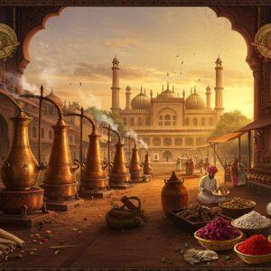 A panoramic vista of ancient Kannauj at golden hour, featuring a majestic traditional perfume distillery in the foreground with gleaming copper degs (traditional distillation vessels) releasing ethereal wisps of fragrant steam. The scene seamlessly blends into a bustling marketplace where artisans in traditional Indian attire work with attar (natural perfumes) in ornate glass bottles. The middle ground shows the iconic Jama Masjid with its magnificent architecture illuminated by warm sunlight. The composition includes delicate details of local specialties - fresh rose petals, sandalwood, and mitti attar ingredients arranged artistically. The sky features a subtle mandala pattern in soft pastels, while the foreground incorporates intricate Madhubani-style border patterns. The lighting is dreamlike with rays of sun creating a mystical atmosphere, highlighting the copper and glass elements. The scene is rendered in rich, deep colors - saffron, deep maroon, and peacock blue, with gold accents throughout. The artwork style combines hyperrealistic architectural details with ethereal, surreal elements, creating a sense of timeless cultural heritage meeting modern aesthetic sensibilities.