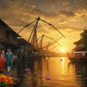 A panoramic view of Fort Kochi during golden sunset, featuring the iconic Chinese fishing nets silhouetted against a warm orange-gold sky, with intricate Madhubani-style patterns in the clouds. In the foreground, a modern Indian couple in contemporary fusion wear (woman in Indo-western dress, man in linen kurta) exploring the heritage area. The scene seamlessly blends traditional elements - ancient Portuguese architecture, spice market stalls with colorful powdered spices arranged in mandalas, and a traditional Kerala snake boat - with modern elements like sleek cafes and art galleries. The lighting creates a ethereal glow, highlighting the weathered colonial buildings with their characteristic terracotta roofs and white-washed walls. Detailed mandala patterns integrate into architectural elements, while lotus motifs float in the water beneath the fishing nets. The color palette combines deep maritime blues, burnt oranges, and gold accents, with subtle peacock green highlights. Perspective should be cinematic and immersive, with a dreamy, surreal quality while maintaining photographic realism. The scene should include delicate details of Kerala architecture like wooden galleries and sloped roofs, rendered in a style mixing traditional Pattachitra art techniques with contemporary digital aesthetics.