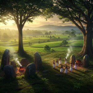 A mystical aerial view of Marayur's landscape at golden hour, featuring ancient dolmens in the foreground casting long shadows, surrounded by meticulously detailed sandalwood trees with realistic bark textures. The scene transitions into rolling hills covered in emerald sugarcane fields. A group of local tribal people in traditional attire (mundu and blouse) are performing their ancient Kattunayakan dance near the dolmens. Soft beams of sunlight filter through the sandalwood canopy, creating a ethereal atmosphere. In the mid-ground, traditional jaggery-making smoke rises from clay furnaces, adding depth and atmosphere. The color palette combines deep forest greens, warm earth tones, and golden sunlight. The art style merges hyperrealistic digital painting with traditional Keralan mural art patterns in the sky. The composition includes intricate details of indigenous butterflies and birds native to the region. Photorealistic lighting with volumetric god rays, 8k quality, cinematic depth of field, shot on Hasselblad.