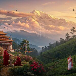 A majestic panoramic view of the Kanchenjunga mountain range at sunrise, bathed in ethereal golden-pink light, with mystical clouds swirling around its peaks. In the foreground, a serene Buddhist monastery with traditional Tibetan architecture sits amidst blooming rhododendrons and prayer flags fluttering in the wind. A young Indian monk in maroon robes performs a ritual near an ornate prayer wheel, while two Bengali women in traditional white sarees with red borders observe respectfully. The scene is framed by ancient tea gardens cascading down the hillside, their emerald leaves catching the morning light. Exotic Himalayan birds soar overhead, and a gentle stream winds through the landscape, its waters reflecting the golden sky. The art style combines hyperrealistic digital painting with traditional Thangka art elements, featuring rich jewel tones of deep maroon, forest green, and royal blue, balanced with soft morning pastels. Intricate mandala patterns subtly emerge from the clouds, while the entire scene is illuminated by a dreamy, spiritual atmosphere that captures both the natural grandeur and cultural richness of North Bengal.