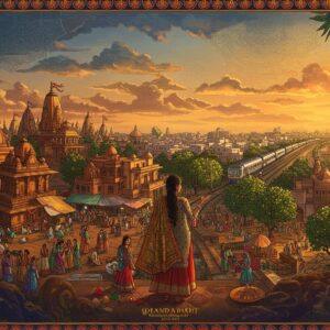 A panoramic view of Purnea's cityscape at golden hour, featuring a blend of historical and modern elements. In the foreground, an intricately detailed Madhubani-style border frames the scene, incorporating traditional Bihar motifs in deep indigo and burnt orange. The central focus shows an elegant Indian woman in a contemporary fusion outfit (silk kurti with traditional Bhagalpuri silk dupatta) gesturing towards the city. Behind her, the scene splits into three visual segments: on the left, ancient temples and historical structures with warm, golden lighting; in the center, bustling marketplace with colorful textiles and mango orchards; and on the right, modern transportation elements including railways and highways merging into the distance. The sky features stylized clouds in peacock blue and soft gold, with delicate mandala patterns. Traditional jute crafts and marigold garlands frame the corners. The lighting is ethereal with a mix of sunset glow and spiritual aura, creating depth and dimension. Art style combines hyperrealistic architectural details with ethereal Indian traditional art elements, rendered in rich, deep colors with metallic gold accents.