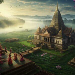 An ethereal aerial view of ancient Sadiya, with a magnificent Tamreshwari Temple complex at the center, its traditional Assamese architecture glowing in golden morning light. The mighty Brahmaputra River flows like a silver serpent around the landscape, with mist-covered Mishmi Hills in the background. In the foreground, an intricately detailed scene shows local Mishmi and Assamese women in traditional attire (mekhela chador in deep maroon and gold) performing cultural rituals. The scene is adorned with blooming orchids and floating lotus flowers. Ancient Buddhist stupas and medieval ruins blend seamlessly with lush tea gardens. The artwork combines Madhubani-style detailed patterns in the architecture with modern digital art techniques, featuring a rich color palette of deep greens, royal blues, and burnished golds. Mystical light rays pierce through morning clouds, creating a dreamlike atmosphere. The scene includes subtle motifs of the sacred bell metal crafts and traditional Assamese symbols, with sacred bells and copper temple spires catching the morning light. Hyperrealistic details with magical realism touches, 8k resolution, cinematic lighting.