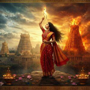 A dramatic scene depicting Kannagi standing atop a hill in ancient Madurai, her hair flowing wildly, holding her sacred anklet high above her head. She wears a traditional red and gold Tamil Nadu style saree with temple border designs. Behind her, the city of Madurai is illustrated in intricate Thanjavur art style with golden domes and towering gopurams. The sky shows a supernatural transformation - one half peaceful with white clouds representing her past life with Kovalan, the other half blazing with mystical flames in deep oranges and reds symbolizing her wrath. Ethereal light emanates from the anklet she holds. The foreground features scattered lotus flowers and traditional Tamil motifs in gold filigree. The scene combines hyperrealistic digital art with classical Tamil architectural elements and patterns. The lighting creates a dramatic contrast between light and shadow, with a warm golden glow around Kannagi and cool blue shadows in the cityscape below. Small details include peacock feathers, jasmine flowers, and traditional kolam patterns integrated into the border elements.