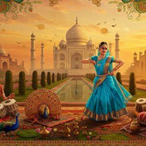 A majestic panoramic view of Uttar Pradesh's cultural landscape, featuring the iconic Taj Mahal silhouetted against a sunrise sky in ethereal gold and saffron hues. In the foreground, an intricate Madhubani-style border seamlessly transitions into modern digital art, depicting scenes of daily life. A young Indian woman in a bright blue silk saree performs Kathak dance, her ghungroos creating ripples of golden energy. Around her, detailed miniature vignettes show traditional crafts like chikankari embroidery and pottery. The scene is adorned with floating motifs of peacocks, lotuses, and delicate swirls inspired by Urdu calligraphy. Traditional musical instruments like tabla and sitar blend into the composition. The lighting creates a dreamy atmosphere with soft glows and highlights, while maintaining deep, rich colors. The background features stylized architectural elements from Lucknow's Bara Imambara and Varanasi's ghats, rendered in a contemporary minimalist style. The entire scene is framed by a modern interpretation of traditional Indian patterns, creating a harmonious blend of ancient and contemporary aesthetics.