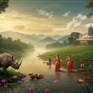 A serene panoramic view of Western Assam's landscape at golden hour, featuring the mighty Brahmaputra River flowing through lush tea gardens and dense forests. In the foreground, a majestic one-horned rhinoceros stands near the riverbank, surrounded by pink lotus flowers and water lilies. To the right, an ornate Kamakhya Temple sits atop the Nilachal Hills, emitting a soft golden glow. Two Bihu dancers in traditional Mekhela Chador (red and white) perform gracefully amid blooming orchids and floating oil lamps. The background showcases mist-covered Himalayan foothills with cotton-candy clouds. Traditional Assamese motifs and patterns in gold filigree frame the scene, incorporating elements like the jaapi (traditional hat) and gamosa patterns. The lighting is ethereal with rays of sunlight filtering through clouds, creating a mystical atmosphere. The color palette includes deep greens, royal blues, saffron, and gold accents, rendered in a style blending traditional Indian art with modern digital aesthetics. The overall composition should feel inviting and mystical, with a dreamy, surreal quality.
