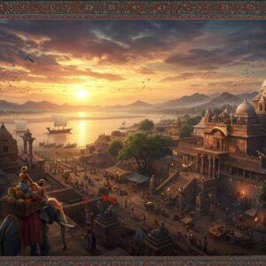 A majestic aerial view of ancient Pataliputra at sunset, showing a grand palatial complex with classical Mauryan architecture featuring polished stone pillars and intricate wooden structures. In the foreground, a beautifully detailed Indian merchant caravan with decorated elephants carrying silk and spices. The scene is illuminated by warm golden light, with the sacred Ganges river flowing in the background, dotted with wooden trading vessels. Detailed Madhubani-style border patterns frame the scene, incorporating motifs of lotus flowers and peacocks. The architecture showcases both Buddhist and Hindu influences with stupas and temples visible. Rich jewel tones of deep blues, burgundy, and gold dominate the palette. The sky features ethereal clouds with subtle mandala patterns. Atmospheric perspective creates depth with misty mountains in the distance. The scene includes small details like flying birds, market activities, and soldiers in Mauryan armor. Lighting emphasizes the grandeur of the capital city, with soft glowing lanterns and torches creating a mystical ambiance. Hyperrealistic digital art style with careful attention to historical accuracy in architecture and clothing details.