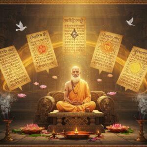 A serene scene depicting an ancient Indian guru in pristine white dhoti seated in padmasana on a carved stone platform, surrounded by four floating mystical ancient palm-leaf manuscripts emanating golden light. The manuscripts feature intricate Sanskrit verses with subtle Devanagari script patterns that transform into ethereal visual elements - fire (Rigveda), wind (Yajurveda), sun (Samaveda), and moon (Atharvaveda). The background shows a grand ancient stone temple architecture with mathematically precise sacred geometry patterns. Swirling energy patterns in deep saffron and gold connect the manuscripts to the guru. Rays of divine light filter through temple pillars. The scene is adorned with floating lotus flowers, peaceful doves, and delicate smoke from copper incense holders. The art style combines hyperrealistic digital rendering with traditional Madhubani patterns in the borders. The lighting is warm and mystical with soft focus effects highlighting the guru's peaceful expression. The overall composition suggests timeless wisdom being passed down through generations.