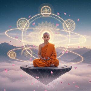 A serene young Indian monk in minimal saffron robes seated in padmasana on a floating lotus platform, meditating against a misty Himalayan backdrop. The monk is surrounded by multiple ethereal, translucent circles containing iconic Buddhist symbols - dharma wheel, lotus, endless knot - rendered in delicate gold lines. Soft rays of morning light pierce through clouds, creating a heavenly atmosphere. Modern geometric mandalas float in the background, transitioning from solid gold at the center to transparent at the edges. The scene features a gentle gradient from deep indigo at the top to soft pink and gold at the bottom. Cherry blossom petals drift peacefully through the air. Photorealistic style blended with modern digital art aesthetics, emphasis on lighting and atmosphere. The monk's face should reflect peace and enlightenment with a subtle smile. Multiple rings of soft glowing orbs of light spiral around the central figure, creating depth and dimension. The overall composition should be balanced and centered, with a dreamy, inspirational quality.