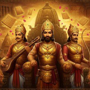A majestic panoramic scene depicting three prominent Gupta rulers standing regally in golden armor and royal Indian attire against the backdrop of a massive ornate throne. Chandragupta I in the center wearing the Gupta crown with intricate patterns, flanked by Samudragupta holding his veena on the left and Chandragupta II on the right holding a bow. Behind them, a grand collage showcasing their achievements: Sanskrit manuscripts floating with golden auras, astronomical instruments, the Iron Pillar of Delhi gleaming in metallic sheen, and the Ajanta caves with detailed paintings. The scene is illuminated by warm golden light with floating lotus petals. Architectural elements of Gupta temples with their characteristic shikhara towers rise in the background. The artwork style combines traditional Madhubani patterns in the borders with modern digital art techniques, using rich colors like deep maroon, royal blue, and burnished gold. Ethereal wisps of light connect various elements, suggesting the flow of knowledge and cultural advancement. The rulers' faces reflect both strength and wisdom, with precise historical accuracy in their jewelry and royal insignia.
