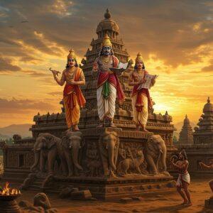 A majestic scene depicting three noble Pallava kings in ornate, period-accurate regalia standing atop the Shore Temple at Mahabalipuram during sunset. The central figure, King Narasimhavarman I, wears a golden crown adorned with precious gems and a rich silk dhoti with intricate patterns. To his right stands Mahendravarman I holding ancient Sanskrit manuscripts, and to his left is Rajasimha with architectural plans of temples. The Shore Temple is rendered in intricate detail, showcasing its pyramidal structure and carved reliefs. The background features a dramatic sky with warm golden-orange hues merging with deep peacock blues. Ethereal light illuminates the temple's spires. The foreground displays master sculptors carving magnificent elephants and lions in granite, while dancers perform in the temple courtyard. Traditional Pallava-era motifs and patterns frame the scene, with lotus flowers, mythical creatures, and sacred symbols integrated into the architecture. The art style combines hyperrealistic architectural details with the mystical elements of traditional Indian art, featuring a rich color palette of gold, saffron, deep blues, and earthy stone tones. The lighting creates a divine atmosphere with soft glows and dramatic shadows.