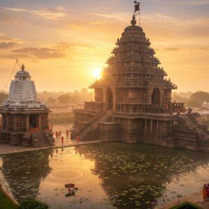 A majestic aerial view of the iconic Konark Sun Temple emerging from morning mist, rendered in rich gold and deep orange hues, with intricate Kalinga architecture details sharp and precise. The temple's massive chariot wheels cast dramatic shadows as sun rays filter through them. In the foreground, the Jagannath Temple of Puri rises tall, its white spire decorated with traditional Odishan motifs and flags fluttering in the breeze. The scene is composed in Pattachitra art style with modern digital enhancement, featuring delicate line work and intricate patterns. The sky showcases a ethereal blend of dawn colors - soft saffron, peacock blue, and rose gold. Surrounding the temples are stylized lotus ponds reflecting the structures, with mandala patterns rippling on the water surface. Small groups of devotees in traditional Odishan attire are seen performing morning rituals. The scene is illuminated by divine golden light streaming from behind the temples, creating a mystical atmosphere. Architectural details include ornate carvings, sculptured walls, and traditional Kalinga-style spires, all rendered with photorealistic accuracy while maintaining the decorative elements of traditional Indian art.