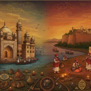A grand panoramic scene showing two majestic forts side by side - Faridkot's Qila Mubarak and Gurdaspur's historical fort, rendered in rich traditional Indian miniature painting style with modern digital enhancement. The left side showcases Faridkot's architecture with intricate Islamic patterns, featuring Sufi saint Baba Farid's shrine glowing in ethereal golden light. The right side depicts Gurdaspur's Sikh heritage with the Guru Nanak-era elements, bathed in warm saffron hues. The middle ground shows flowing rivers - the Sutlej and Beas - represented by swirling peacock blue patterns. Traditional musicians playing folk instruments dot the landscape. The sky features detailed Madhubani-style patterns in deep maroon and gold, with stylized clouds. The foreground displays archaeological artifacts, weapons, and royal emblems from both regions arranged in a mandala pattern. The scene is illuminated by a combination of soft dusk lighting and glowing diyas, creating a mystical atmosphere. The art style merges historical accuracy with contemporary digital art techniques, emphasizing the architectural details and cultural motifs of both regions.