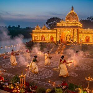 A breathtaking panoramic scene of a traditional North Bengali festival, featuring a grand Durga Puja pandal illuminated with thousands of warm golden lights against a twilight sky. In the foreground, a group of Bengali women in traditional white sarees with red borders perform the dhunuchi dance, creating mesmerizing swirls of incense smoke. The pandal architecture combines traditional Bengali style with intricate Madhubani patterns, decorated with detailed alpana floor art in white and red. To the left, a serene river flows with floating diyas, while the right shows tea gardens stretching to the horizon. The scene includes cultural elements like brass utensils for rituals, marigold garlands, and banana leaves with traditional Bengali sweets. The lighting creates a magical atmosphere with warm yellows and deep oranges, contrasting with cool blue twilight sky. The art style merges photorealistic details with ethereal, dreamy elements, incorporating geometric mandala patterns in the smoke trails and clay lamp arrangements. The composition should express both grandeur and intimate spirituality of North Bengali culture.