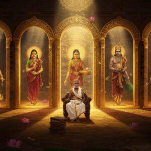 A grand ethereal library setting with five majestic golden archways, each illuminated by warm, mystical light. In the center, an elderly Tamil scholar in traditional white veshti and angavastram sits on an ornate wooden seat, surrounded by palm leaf manuscripts. Each archway showcases a different scene from the epics: Silappatikaram's Kannagi with her anklet surrounded by golden flames, Manimekalai in her Buddhist robes with a glowing alms bowl, Civaka Cintamani's prince with his seven gems, Valayapati's royal court scene, and Kundalakesi as a Buddhist nun. The scenes are rendered in a fusion of Tanjore art style and modern digital aesthetics, with rich colors of deep maroon, royal blue, and gold leaf details. Intricate Tamil motifs and patterns adorn the archways, with floating lotus flowers and peacock feathers. Soft beams of light filter through the archways, creating a mystical atmosphere. The background features subtle mandala patterns and traditional Tamil architectural elements. The entire scene is rendered in a dreamlike quality with a perfect blend of historical accuracy and magical realism, emphasizing both the antiquity and timelessness of these epics.