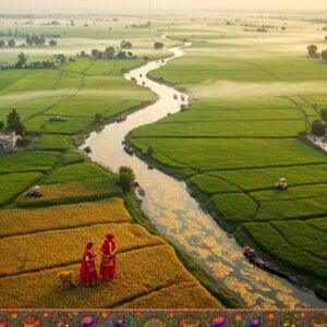 A breathtaking aerial perspective of Punjab's lush green wheat fields stretching to the horizon, with five majestic rivers (Sutlej, Beas, Ravi, Chenab, and Jhelum) flowing like golden ribbons through the landscape, rendered in intricate Phad art style. The rivers are depicted with shimmering metallic gold and deep indigo waters, creating mesmerizing patterns. In the foreground, a traditional Punjabi farmer couple in vibrant attire (man in turban and kurta, woman in phulkari dupatta) tend to the golden wheat crops. The scene features detailed Madhubani-style border patterns of peacocks, lotus flowers, and crop motifs in rich colors of saffron, emerald green, and royal blue. Soft morning sunlight bathes the scene, creating a magical glow. Small villages with traditional architecture dot the landscape, while tractors and modern farming equipment blend seamlessly with the traditional elements. Ethereal mist rises from the rivers, creating a dreamy atmosphere. The art style combines hyperrealistic landscape photography with traditional Indian art elements, rendered in 8K resolution with atmospheric lighting.