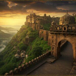 A majestic aerial view of a weathered Maratha fort perched atop a verdant Sahyadri mountain, silhouetted against a dramatic sunset sky in rich oranges and deep purples. The fort's iconic features - bastions, stepped wells, and intricate stone architecture - are detailed in a Pattachitra-inspired style. In the foreground, a detailed stone arch gateway (Mahadwara) with ornate carvings of elephants and lotus motifs. The scene is illuminated by warm, golden light catching on the ancient stone walls. Multiple levels of the fort are visible, showing traditional Maratha military architecture with detailed battlements and watch towers. Below the fort, a winding path dotted with deep green trees leads to small village houses in traditional Maharashtrian wada style. Swirling mist partially covers the lower valleys, creating a mystical atmosphere. The artwork combines hyperrealistic textures of stone and nature with stylized Madhubani-inspired patterns in the sky and clouds. The color palette includes earthy browns, deep greens, golden yellows, and royal blues. The scene is framed by delicate mandala patterns in the corners, giving it a contemporary Indian art aesthetic while maintaining historical accuracy.