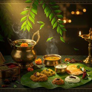 A hyper-detailed, ethereal scene of fresh, vibrant green curry leaves cascading through golden sunlight, with intricate Madhubani-style border patterns. In the center, a traditional bronze urli contains floating curry leaves and marigold flowers in crystal-clear water. An ornate copper spice box sits nearby, partially open, revealing freshly ground spices in rich colors - turmeric yellow, red chili, and black pepper. A modern Indian kitchen counter made of polished granite features a contemporary brass lamp casting warm light. In the foreground, a beautiful arrangement of South Indian dishes on banana leaves - golden sambar, coconut chutney, and dosai - all garnished with fresh curry leaves. Soft bokeh effects in the background with dancing oil lamps. The scene combines traditional elements with modern aesthetic, rendered in rich, deep colors of forest green, burnished gold, and deep copper, with intricate patterns inspired by Pattachitra art style. Photorealistic details on the curry leaves showing their distinctive glossy surface and veins. The lighting is warm and intimate, creating an inviting atmosphere with subtle steam rising from the dishes.