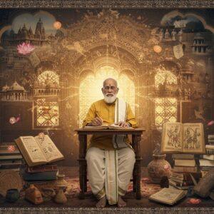 A distinguished elderly Indian scholar in traditional kurta and dhoti, seated in a grand library with ancient manuscripts and modern books surrounding him. The scene is illuminated by warm golden light filtering through ornate Indian architectural windows. In the background, a large, ethereal mandala pattern merges with floating imagery of temple architecture, tribal artifacts, and sociological symbols. The foreground features meticulously detailed Indian archaeological artifacts, ancient texts with Sanskrit scripts, and research papers. The art style combines Madhubani patterns in deep maroon and peacock blue along the borders, with modern digital rendering. Multiple translucent layers show various aspects of Indian society - from tribal communities to urban landscapes, all interconnected through flowing, glowing golden threads. Mystical smoke carries subtle symbols of caste studies and Hindu sociology. The overall composition suggests depth of knowledge, academic rigor, and cultural preservation, with a surreal, dreamlike quality enhanced by soft glowing orbs of light and floating lotus petals.
