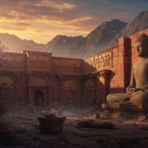 A majestic ancient Gandharan Buddhist monastery complex set against dramatic Himalayan peaks at sunset, featuring intricate Greco-Buddhist architectural details. In the foreground, a massive stone Buddha statue in the distinctive Gandharan style with Hellenistic features, draped in flowing robes with precise Greek-influenced folds, seated in meditation pose. The scene is illuminated by warm golden light, casting long shadows across weathered stone courtyards adorned with lotus motifs and acanthus leaves. Ancient stone reliefs depicting Buddhist stories line the monastery walls, showing figures in Greco-Roman style clothing. Scattered artifacts include Indo-Greek coins, pottery, and jewelry. The atmosphere is mystical with soft mist rolling through the courtyard, where delicate cherry blossoms float in the air. Art style combines hyperrealistic architectural details with ethereal lighting and rich, deep colors - burgundy, gold, and deep blue. The scene should have a cinematic quality with depth of field, emphasizing both the grandeur of the architecture and the intricate details of the art.