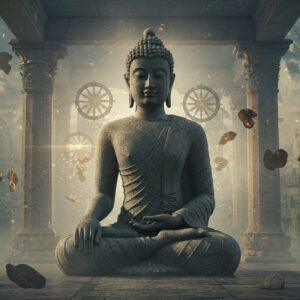 A masterfully detailed Gandhara-style Buddha statue in meditation pose, carved from grey schist stone, positioned centrally with Greco-Roman architectural elements in the background. The Buddha wears flowing robes with naturalistic folds, featuring the distinctive wavy hair, elongated earlobes, and urna mark between the eyebrows. The statue emerges from a misty, ethereal atmosphere with soft golden light filtering through ancient pillars. Intricate lotus motifs and acanthus leaves border the scene, while Indo-Greek decorative patterns float in the surrounding space. The background showcases a harmonious blend of Hellenistic columns and Indian stupas, partially visible through a dreamy haze. The overall composition maintains a serene yet dramatic aesthetic with a color palette of cool greys, warm golds, and deep blues. The art style combines photorealistic sculpture details with ethereal, spiritual lighting effects, creating a mystical atmosphere. Multiple translucent dharma wheels float in the background, emitting a subtle golden glow. Hyperrealistic texture on the stone, cinematic lighting, octane render, 8k resolution.