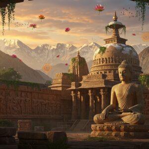 A majestic ancient Indian Buddhist monastery complex at sunset, with intricate Greco-Buddhist architectural details, featuring carved stone stupas and towering columns. In the foreground, a beautifully detailed stone Buddha statue in the distinctive Gandharan style with Hellenistic features, draped in flowing robes with precise Greek-style folds, seated in padmasana. The statue emanates a soft, ethereal golden glow. Surrounding the scene are detailed relief sculptures showing scenes from Buddha's life in Indo-Greek artistic style. The background features snow-capped mountains of modern-day Pakistan, with scattered ancient ruins partially covered in climbing vines. Floating lotus flowers and mandalas in shades of deep saffron and peacock blue add a mystical element. The lighting creates dramatic shadows, highlighting the architectural details while maintaining a dreamy, spiritual atmosphere. Rendered in a fusion of hyperrealistic digital art with traditional Madhubani patterns subtly incorporated into the architectural details, 8k resolution, cinematic lighting.