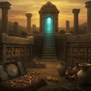 A haunting ancient burial site in Gandhara illuminated by golden sunset light, featuring elaborately carved stone sarcophagi with Indo-Greek motifs and Buddhist symbols. In the foreground, carefully arranged burial artifacts including copper mirrors, gold jewelry, and terracotta vessels with geometric patterns. The scene shows a partially excavated tomb with stairs descending into darkness, where ethereal blue-green light emanates mysteriously. Weathered stone stupas and Greek-influenced pillars frame the scene. Archaeological tools lie scattered nearby. The artwork combines Madhubani-style intricate patterns in the carved details with realistic texturing. The color palette features rich earthy browns, aged copper greens, and touches of gold, with atmospheric dust particles catching the light. A mandala-inspired halo surrounds the setting sun, casting long shadows across the archaeological site. The style is photorealistic with mystical undertones, showing the fusion of Greek and Buddhist art characteristic of Gandhara civilization.
