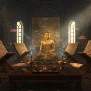 A serene ancient library setting with illuminated Gandhāran manuscripts on aged birch bark scrolls, displayed on intricately carved wooden stands with Buddhist motifs. The central focus shows a beautifully detailed Gandhāran-style Buddha statue in meditation pose, emanating a soft golden aura. Surrounding the scene are floating, ethereal visualizations of Kharosthi script transforming into lotus petals. The background features a stylized map of the ancient Gandhāra region with trade routes highlighted in shimmering gold threads. Gentle rays of light filter through ornate monastery windows, casting dramatic shadows on ancient stone walls adorned with faded Buddhist frescoes. The color palette combines deep earthy browns of manuscripts, rich indigos of monastery walls, and warm golden highlights. The scene includes delicate details like burning incense with wispy smoke forming Buddhist symbols, and crystalline dewdrops on lotus flowers. The art style merges hyperrealistic textures with magical realism, creating a dreamlike quality while maintaining historical accuracy in architectural and artistic details. The lighting creates a mystical atmosphere with soft glows and subtle light beams highlighting the manuscripts.