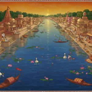 A majestic aerial view of the Ganga River flowing through Kannauj, rendered in rich traditional Indian Madhubani style with modern digital enhancement. The river, painted in deep sapphire blue with intricate gold and white patterns, curves elegantly through the landscape. Along the riverbanks, detailed miniature scenes depict historical perfume-making activities with artisans working with traditional degs (copper vessels). Ancient temples and ghats in warm terracotta tones line the riverside, their reflections dancing in the water. The scene features floating lotus flowers in soft pink and white, with delicate attar bottles and rose petals scattered along the banks. In the foreground, traditional fishing boats with intricate patterns navigate the waters. The sky shows a gradient from deep saffron to peacock blue, with stylized clouds in gold filigree work. The entire composition is framed by an ornate border featuring traditional Kannauj motifs and perfume-making symbols. The lighting creates a mystical atmosphere with golden rays reflecting off the river surface, emphasizing the spiritual and cultural significance of the scene. The art style combines hyperrealistic water effects with traditional Indian art patterns, creating a seamless blend of ancient and modern aesthetics.