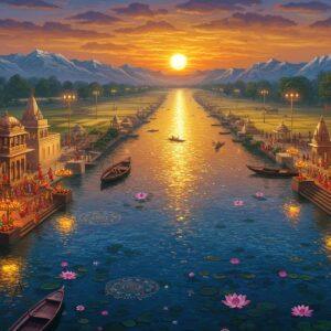 A sweeping aerial view of the sacred Ganges River meandering through lush landscapes, rendered in rich traditional Indian art style. The river glows with ethereal blue-gold light, decorated with intricate Madhubani-style patterns along its banks. Multiple ghats with detailed stone architecture descend into the water, where small groups of devotees in colorful traditional attire perform evening aarti with golden lamps. Boats with saffron-colored sails dot the river. The scene transitions from the Himalayas in the background (with snow-capped peaks in cool blues) to the plains (in warm golds and greens). Mandala-inspired sun in deep orange sets in the background, casting magical reflections on the water. Small temples with intricate architecture line the banks, their spires reaching skyward. Lotus flowers in pink and white float on the water surface, creating geometric patterns. The entire scene is enveloped in a mystical atmosphere with subtle floating light orbs and delicate mist, combining photorealism with traditional Indian art elements. The color palette focuses on deep peacock blues, saffron, gold, and maroon, with soft glowing highlights.