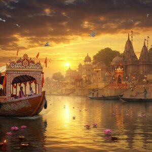 A majestic traditional wooden river cruise boat adorned with intricate Madhubani patterns sailing on the serene waters of the Ganges at golden hour, reflecting warm sunlight on its polished wooden surface. The boat features ornate golden details and flowing saffron silk banners. In the foreground, crystal-clear river waters with floating lotus flowers and diyas. The background showcases ancient ghats with towering temples and stone steps, their architecture detailed in traditional Indian style. Mesmerizing evening aarti ceremony visible on the banks with multiple oil lamps creating a golden glow. Soft mist hovers over the water surface, creating an ethereal atmosphere. Several Indian travelers in modern casual wear enjoying the view from the boat's deck. The sky features a dramatic sunset in shades of saffron, deep purple, and gold, with sacred birds like cranes flying across. The scene is rendered in a fusion of hyperrealistic digital art with traditional Pattachitra art elements, emphasizing rich colors, intricate details, and spiritual symbolism. Lighting is warm and mystical, creating a dreamy yet authentic atmosphere.