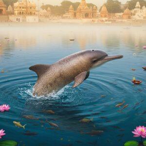 A majestic Ganges River Dolphin, with its distinctive long, pointed snout and grey-brown coloration, gracefully emerges from swirling, sacred waters rendered in deep indigos and turquoise. The dolphin's body features intricate Madhubani-style patterns in gold and silver. The scene is framed by traditional Indian riverbank architecture with ancient ghats and temples in soft saffron hues in the background. Ethereal golden light filters through morning mist, creating a mystical atmosphere. Lotus flowers in pastel pink float on the water's surface, their petals adorned with delicate mandala patterns. Small fish in metallic colors swim beneath, creating circular ripples. The water reflects soft morning light, with subtle hints of pollution symbolized by darker undertones in the deeper waters. Sacred threads and floating diyas dot the water's surface, adding cultural context. The composition should be digital art with photorealistic details, merged with traditional Indian art patterns, emphasizing both the beauty and vulnerability of the species. Aerial perspective, showcasing the dolphin in its natural habitat with a dreamy, surreal quality.