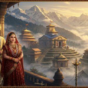 A majestic panoramic view of ancient Garhwal kingdom nestled in the Himalayas, with snow-capped peaks in the background and terraced temples rising through misty clouds. In the foreground, a richly detailed Garhwali royal couple in traditional attire - the king wearing a gold-threaded angarkha and distinctive Garhwali turban with kalgi, the queen in a traditional pichora with heavy silver jewelry. The scene is illuminated by warm, golden sunrise light filtering through the mountains. Traditional Garhwali architecture featuring intricately carved wooden temples and palace structures with pagoda-style roofs blend into the landscape. Sacred Badrinath temple visible in the distance, with its distinctive colorful shikhara. Decorative elements include local Aipan art patterns, prayer flags fluttering in the wind, and ritual brass lamps. The art style combines hyperrealistic digital painting with traditional Pahari miniature painting techniques, featuring rich jewel tones of deep maroon, royal blue, and gold. Ethereal mist swirls around the peaks, creating a mystical atmosphere with soft glowing light highlighting the architectural details and royal figures.
