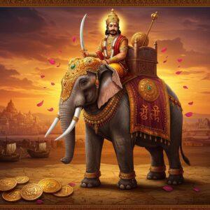 A majestic portrait of Gautamiputra Satakarni in royal Satavahana attire, wearing a grand golden crown adorned with precious gems, mounted on a powerful war elephant decorated with ornate armor and royal insignia. He holds a gleaming sword in his right hand and royal scepter in his left. The scene showcases a dramatic sunset backdrop with the ancient city of Pratishthana visible in the distance, featuring Satavahana-era architecture. The foreground displays scattered ancient coins bearing his royal seal and Sanskrit inscriptions. The composition includes intricate Madhubani-style border patterns featuring naval motifs representing his maritime trade success. The color palette combines deep royal purples, rich golds, and warm earthy tones. The artwork seamlessly blends historical accuracy with modern digital art techniques, creating a surreal, ethereal atmosphere with subtle golden light rays and floating lotus petals. The elephant stands on a stylized map showing the extent of the Satavahana empire, rendered in metallic bronze tones. Traditional Indian patterns and motifs decorate the corners of the scene, with peacock feather details symbolizing royalty.