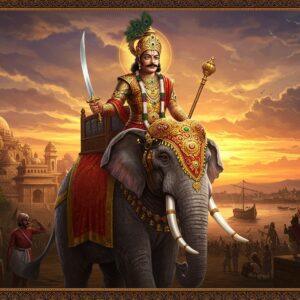A majestic portrait of Gautamiputra Satakarni in royal Satavahana attire, wearing an ornate golden crown adorned with precious gems and peacock feathers, mounted on a powerful war elephant decorated with elaborate royal insignia and golden bells. The ruler holds a gleaming sword in his right hand and royal scepter in his left, symbolizing power. His armor combines intricate Satavahana patterns with gold inlay work. The background features a stunning sunset over ancient Pratishthana city with period-accurate architecture, grand stupas, and trading ships in the distant Godavari river. The scene includes detailed elements like royal banners bearing the Satavahana dynasty symbol, soldiers with traditional weapons, and merchants with exotic goods. The art style merges traditional Indian Pattachitra techniques with modern digital art, using rich colors like deep crimson, royal purple, and burnished gold. Ethereal light streams through clouds, creating a divine atmosphere. The edges feature ornate Buddhist-influenced patterns and motifs authentic to the 2nd century CE. The overall composition should be dramatic and cinematic, with dynamic lighting that emphasizes the ruler's power and authority.