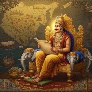 A majestic scene depicting Gautamiputra Satakarni in royal Satavahana attire, seated on an ornate golden throne with elephant motifs, wearing a detailed crown with precious gems and pearls. He's shown studying administrative scrolls while surrounded by symbols of his reign - silver coins bearing his insignia, trade ships in the background representing maritime commerce. The composition includes intricate Ajanta-style wall paintings showing his military victories. The scene is rendered in rich colors - deep royal blues, gold, and crimson. Traditional Madhubani-style border patterns frame the scene, featuring lotus motifs and peacocks. The lighting is dramatic with ethereal golden rays illuminating the central figure. The background shows a stylized map of his vast empire stretching from coast to coast, decorated with period-appropriate architectural elements like stupas and temples. Multiple small vignettes in Pattachitra style show scenes of prosperity - farmers, traders, and artisans. The overall art style combines historical accuracy with modern digital art techniques, creating a surreal yet authentic atmosphere. The scene radiates power, prosperity, and good governance through intricate details and symbolic elements.