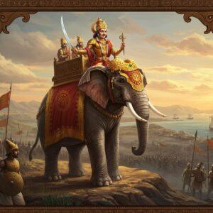 A majestic scene depicting Gautamiputra Satakarni in royal Satavahana attire atop a powerful war elephant, adorned with golden armor and red-silk drapes. He wears a distinctive tall crown with precious gems, wielding a gleaming sword in his right hand and holding royal insignia in his left. The elephant stands proudly on a hill overlooking conquered territories, with the Western Ghats visible in the background. The foreground shows detailed Satavahana military formations with soldiers carrying spears and shields decorated with dynasty emblems. Maritime vessels are visible in distant waters, representing his naval power. The scene is rendered in rich colors of deep maroon, royal blue, and gold, incorporating Ajanta-style artistic elements with modern digital aesthetic. Intricate patterns and motifs from Satavahana-era coins and inscriptions frame the composition. Dynamic lighting creates a golden hour effect, with sun rays highlighting the king's victorious pose. The atmosphere conveys grandeur, power, and military might through ethereal mist and battle banners flowing in the wind.
