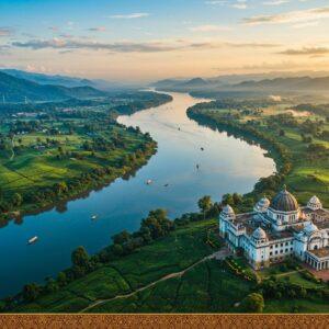 A breathtaking aerial view of Western Assam's landscape featuring meandering Brahmaputra River in rich azure blue, surrounded by emerald tea gardens arranged in geometric patterns. The foreground shows traditional Assamese architectural elements with intricate Madhubani-style borders in gold and maroon. Center focus on a detailed administrative building with Indo-Saracenic architecture, its dome adorned with traditional Assamese motifs in peacock blue and gold. Surrounding the building are lush hills of Meghalaya in the background, with wispy clouds casting dynamic shadows. The scene includes small villages dotting the landscape, connected by winding roads that form organic patterns. The lighting is warm and golden, suggesting sunrise, with soft mist hovering over the tea gardens. The art style combines hyperrealistic landscape photography with traditional Assamese artistic elements, featuring rich colors like deep greens, royal blues, and burnished gold. Small boats on the Brahmaputra add human element, while detailed topographical patterns in Pattachitra style frame the corners of the image.