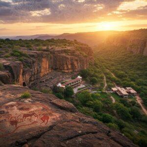 A stunning aerial view of ancient Bhimbetka rock shelters nestled among lush green Vindhya mountains during golden hour, with dramatic shadows casting across the weathered rock formations. In the foreground, a detailed illustration of prehistoric cave paintings in rich ochre and deep red hues showing hunters and animals, rendered in traditional Madhubani style but with modern digital precision. The scene transitions into a contemporary setting with a luxury eco-resort seamlessly blending with the natural landscape. A modern road winds through the terrain, depicted in minimalist style. The composition features intricate mandala patterns in the sky, incorporating motifs from the actual Bhimbetka cave art. The lighting creates a mystical atmosphere with soft golden rays filtering through clouds, highlighting the ancient and modern elements. The color palette combines earthy browns and reds of the rock shelters with vibrant greens of the forest and soft purple-orange hues of the sunset sky. Highly detailed, cinematic, 8k resolution, photorealistic rendering with mystical Indian art influences.