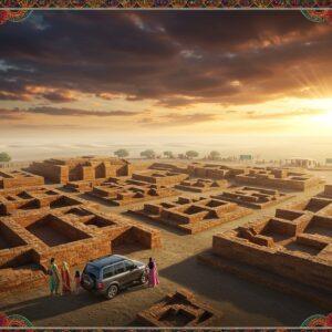 A majestic aerial view of the ancient Harappan city of Dholavira at sunset, with its distinct geometric layout visible from above, featuring well-preserved archaeological structures in warm sandstone colors. In the foreground, a modern Indian family (father, mother, and two children) in contemporary clothing stands near their parked SUV, gazing at the site. The sky features dramatic clouds in deep oranges and purples, with golden sunlight streaming through. The scene is surrounded by the stark beauty of the Great Rann of Kutch, with its white salt desert stretching to the horizon. Traditional Gujarati motifs and patterns frame the scene, rendered in intricate Madhubani style with modern digital flourishes. The lighting creates long shadows across the ancient city's grid pattern, emphasizing its architectural marvel. Small details include road signs, a visitor center, and distant buses, subtly indicating modern accessibility. Art style combines hyperrealistic architecture with ethereal lighting and decorative Indian art elements, creating a seamless blend of ancient heritage and modern travel convenience.