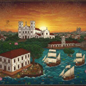 A majestic aerial view of Old Goa, featuring the iconic white-and-gold Se Cathedral and Basilica of Bom Jesus in intricate Madhubani-style detail, their spires reaching into a sunset-painted sky filled with delicate mandala patterns in saffron and deep blue. In the foreground, a Portuguese-era mansion with traditional red-tiled roof transforms into detailed Pattachitra-style artwork, surrounded by spice plantations rendered in rich emerald and gold. Ancient Portuguese sailing ships emerge from intricate peacock blue waves, their sails adorned with traditional Indian patterns. The scene is illuminated by soft, ethereal golden light, with floating lotus flowers and subtle spiritual symbols blending colonial and Indian aesthetics. The composition includes small details like traditional Goan clay lamps, cashew trees, and the ruins of ancient temples, all rendered in a harmonious blend of traditional Indian art styles and modern digital techniques. The overall mood is mystical and timeless, with a color palette of deep maroons, ocean blues, and burnished golds.