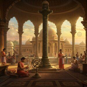A majestic panoramic scene of ancient Nalanda University illuminated in golden sunlight, with intricate Gupta-era architecture featuring ornate pillars and domed structures. In the foreground, Indian scholars in silk robes study astronomical instruments and manuscripts. The central focus shows a detailed recreation of the Iron Pillar of Delhi, its rust-resistant surface gleaming. On one side, skilled artisans craft detailed Ajanta-style paintings while mathematicians inscribe complex equations on palm leaves. The scene includes a bustling trade port with merchants in period-accurate clothing trading spices and textiles. The background showcases advanced period-specific metallurgy workshops and sophisticated water management systems. The art style combines hyperrealistic architectural details with Madhubani-inspired decorative elements. The color palette emphasizes rich golds, deep burgundies, and royal blues, with ethereal light streaming through ornate jharokhas. Floating mandalas and subtle sacred geometry patterns add a mystical quality. The lighting creates a warm, nostalgic atmosphere with god rays filtering through the architecture, highlighting the scientific instruments and scholarly activities.