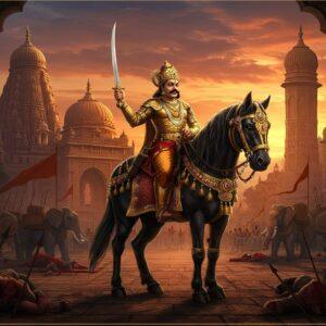 A majestic Indian warrior-king in ornate golden armor adorned with Rashtrakuta dynasty symbols, mounted on a powerful black stallion decorated with jeweled trappings, against a dramatic sunset backdrop of ancient Indian architecture. The king wears a distinctive crown featuring the dynasty's emblems, multiple layers of precious gems, and holds a gleaming sword pointing skyward. The scene incorporates traditional Rashtrakuta-era architectural elements with towering spires and intricate carvings in the background. Rich, deep colors dominate - royal blues, deep crimsons, and burnished golds. Ethereal light streams through ancient stone arches, creating a mystical atmosphere. The foreground features defeated enemy banners and war elephants in submission, symbolizing his numerous victories. The art style merges classical Indian miniature painting techniques with modern digital fantasy art, featuring intricate details, dynamic lighting, and a surreal, ethereal quality. The composition includes symbolic elements like peacock feathers, lotus motifs, and Sanskrit inscriptions carved into stone, all rendered in a style combining Madhubani patterns with contemporary digital art techniques.