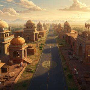 A majestic aerial view of the Grand Trunk Road stretching through diverse Indian landscapes, rendered in rich Madhubani-inspired art style with modern digital aesthetics. The road, depicted in intricate gold patterns, winds through ancient architectural marvels - featuring detailed Mughal-era caravanserais with ornate domes and archways in deep saffron and peacock blue. Ancient mile markers and rest houses dot the path, each decorated with traditional Indian patterns. In the foreground, master craftsmen in traditional Indian attire work with architectural tools, their forms styled like figures from Pattachitra art. The scene is illuminated by a warm, ethereal glow, with stylized clouds in soft pastels floating above. Traditional engineering elements like precisely-cut stones and geometric patterns blend with modern architectural blueprints floating as ghostly overlays. The composition includes symbolic elements like lotus motifs and mandalas integrated into the architectural details. The lighting creates a dramatic interplay of golden hour shadows across the historic structures, emphasizing their grandeur. The scene seamlessly merges historical accuracy with mystical elements, rendered in hyperrealistic digital art style with cultural authenticity.