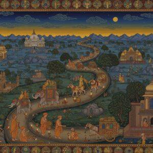 A majestic aerial view of the ancient Grand Trunk Road winding through diverse Indian landscapes, rendered in rich Madhubani-inspired art style. The road, depicted in intricate gold patterns, stretches from horizon to horizon. Along the path, traditional merchant caravans with elaborately decorated elephants and horse-drawn carts move in both directions. The scene features multiple small vignettes: spice merchants in colorful turbans exchanging goods, Buddhist monks in saffron robes walking alongside Hindu sadhus, and Islamic travelers in traditional attire. The borders are decorated with detailed Pattachitra-style motifs showing peacocks, lotus flowers, and geometric patterns in deep maroon and peacock blue. Moonlit architectural elements like stupas, temples, and mosques dot the landscape. The sky features a gradient from deep indigo to warm gold, with stylized clouds and stars. The scene is illuminated by small glowing oil lamps along the road, creating a mystical atmosphere. The overall composition follows a surreal, ethereal style with soft glowing elements and a dreamy quality, while maintaining historical accuracy in depicting trade elements and cultural diversity.