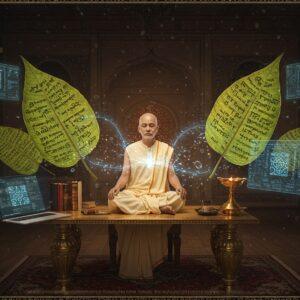 A serene Indian scholar in traditional cream-colored dhoti sits cross-legged on an ornate brass desk, illuminated by a soft golden glow. Ancient palm leaves with Grantha script float around him, transforming into sleek, digital holographic displays showing the same text. The scene is set in a contemporary minimalist study with traditional Indian architectural elements. Sacred threads of light in peacock blue connect the palm leaves to a modern laptop displaying Grantha characters. Intricate Madhubani-style borders frame the scene, featuring interconnected circuits and traditional Tamil-Grantha motifs in deep maroon and gold. Floating mandalas made of binary code and Grantha letters shimmer in the background. The lighting creates a mystical atmosphere with warm amber tones blending into cool digital blues. The composition should maintain perfect symmetry, with the scholar at the center of this digital-traditional fusion. Hyperrealistic rendering with ethereal elements, incorporating both modern tech aesthetics and traditional Indian art elements.