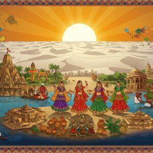 A grand panoramic illustration of Gujarat's essence, featuring a majestic sun rising over the white desert of Kutch in the background. In the foreground, a detailed collage showcasing iconic elements: the Asiatic lions of Gir forest prowling regally, traditional Gujarati women in vibrant chaniya cholis performing garba with flowing movements, and ancient stepwells with intricate geometric patterns. The scene includes the towering Dwarka temple complex reflecting in azure waters, textile artisans working on bandhani patterns, and the industrial skyline of Ahmedabad with modern architecture. Floating elements include colorful kites, traditional pottery, and diamond cutting craftsmen at work. The art style combines Madhubani patterns in the borders with contemporary digital art techniques, using a rich color palette of saffron, deep blue, emerald green, and gold. Ethereal light rays illuminate the scene, creating a mystical atmosphere. The composition flows in a circular mandala-like pattern, with each district's representative elements seamlessly blending into one another. The lighting is warm and golden, casting long shadows that add depth and drama to the scene.
