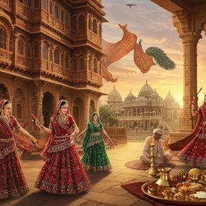 A majestic panoramic scene of Gujarat's cultural essence, featuring a grand Gujarati haveli with intricate jharokhas and carved wooden facades in warm sandstone colors. In the foreground, three graceful Indian women in traditional Gujarati chaniya choli perform Garba, their ghagras flowing in vibrant colors of deep red, emerald green, and royal blue, adorned with mirror work and traditional embroidery. Their hands create elegant mudras while holding decorated dandiya sticks. Behind them, artisans work on a large bandhani textile piece in rich colors of saffron and crimson. The scene includes motifs of double-ikat Patola patterns floating ethereally in the background. A traditional Gujarati thali with shining brass utensils sits on an ornate table, filled with colorful delicacies. The lighting is warm and golden, casting long shadows during magic hour. The entire scene is framed by carved stone pillars featuring peacock motifs and lotus patterns. In the distance, the white marble domes of Somnath Temple gleam against a sunset sky with soft pastel clouds. The art style combines hyperrealistic details with ethereal, dreamy elements, incorporating both Madhubani patterns and modern digital art techniques.